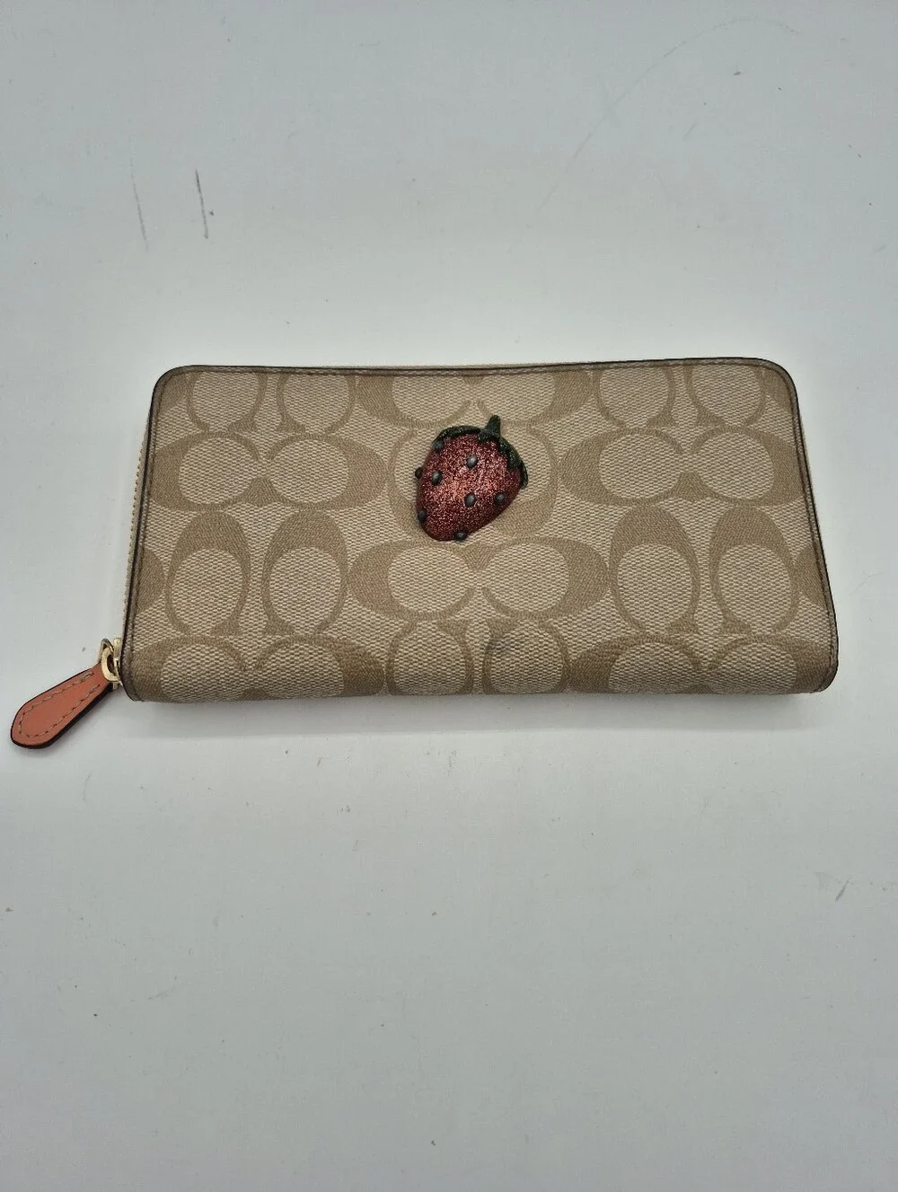 Coach Tan Signature Canvas Zip Wallet with Red Strawberry Accent - Picture 1 of 9